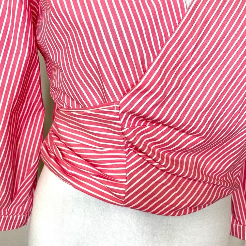 JW Style Y2K Striped Wrap Front Tie Shirt Blouse Small Pink White S Cottagecore - Picture 6 of 8